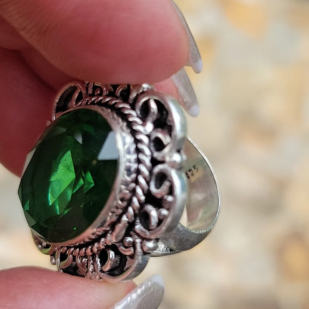 Faceted Synthetic Emerald Sterling Silver Ring